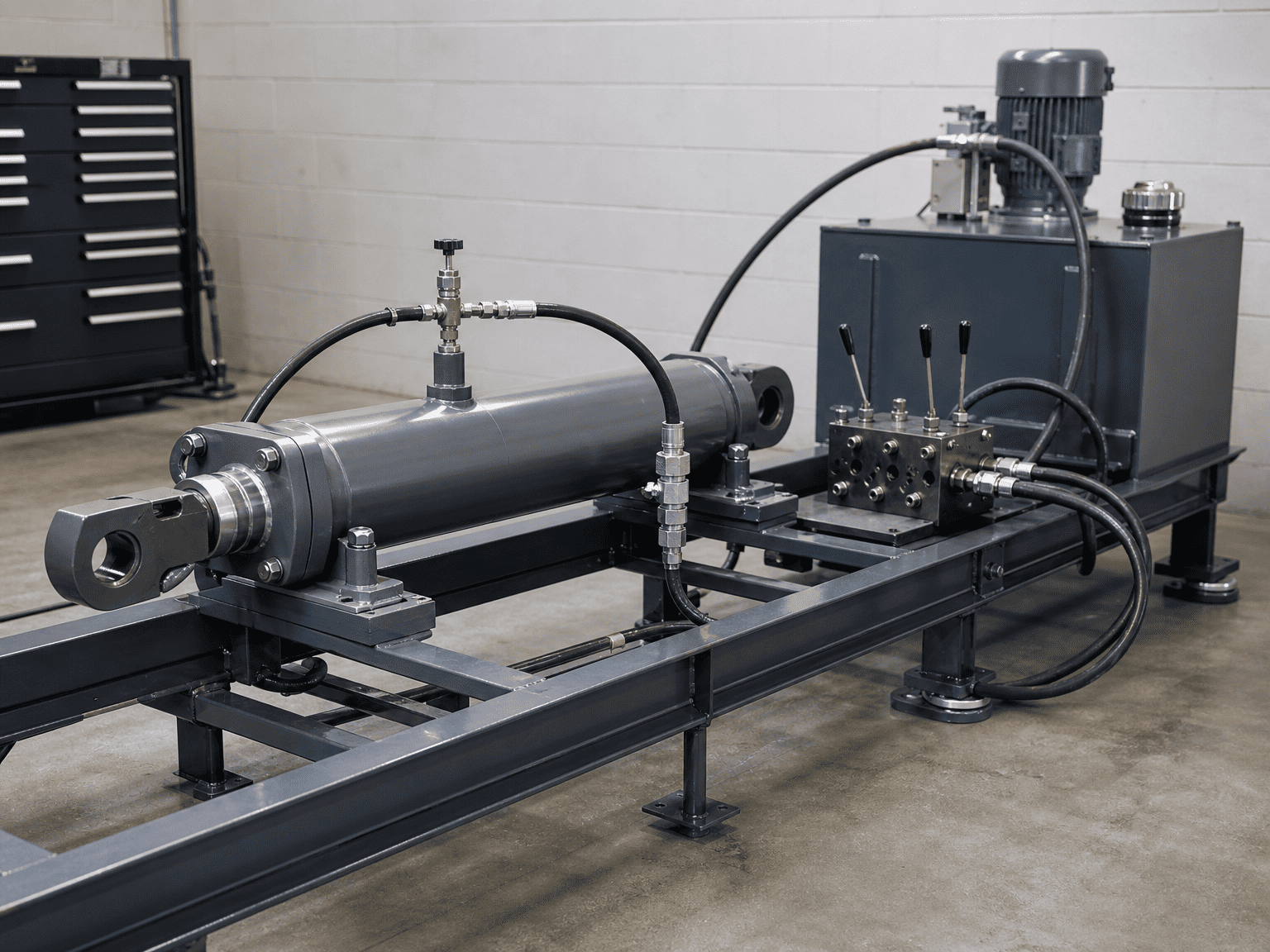 hydraulic cylinder commissioning setup with high point bleed connection and valve manifold